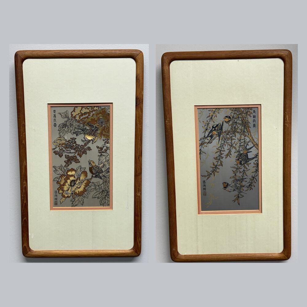 Franklin Mint Zhang Shou Cheng Etching Pair Sparrows Peony Swallows Willow 1984